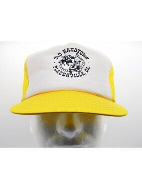 Vintage 80s Old Hangtown Placerville California Mesh Trucker Hat Snapback Yellow
